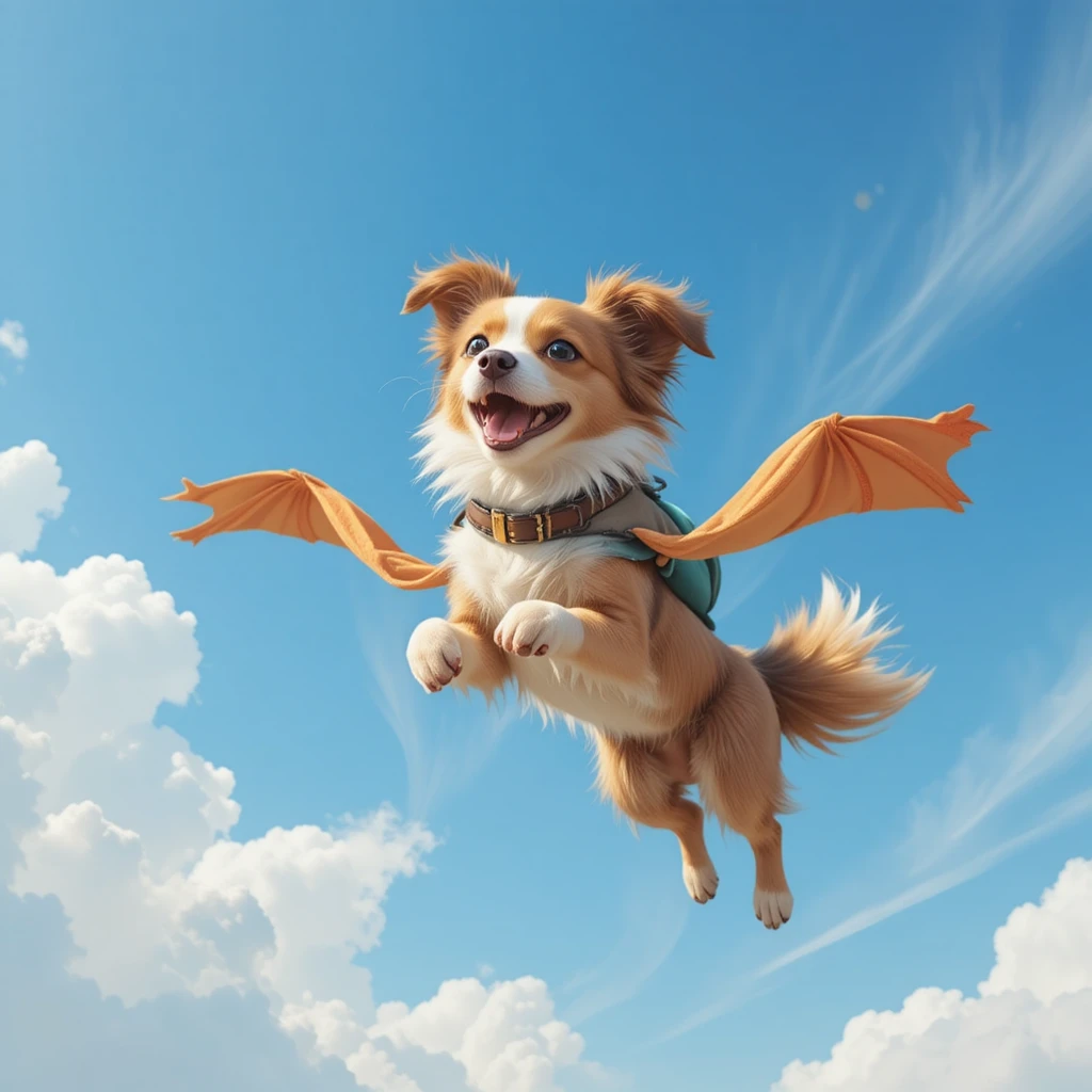 Cachorro alegre voando por um céu azul brilhante