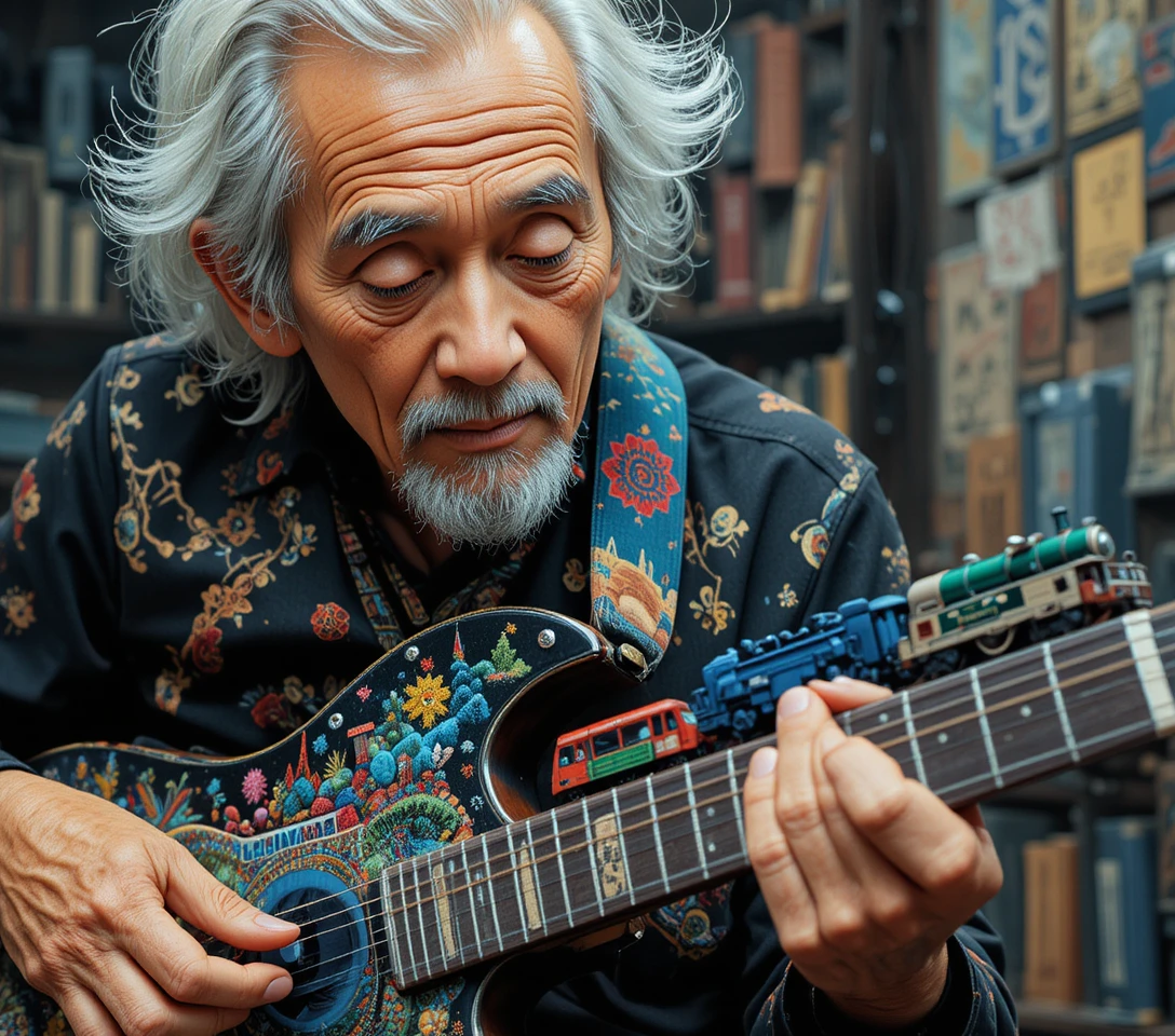 Close-up de músico japonês idoso com conjunto de trem sobre o violão