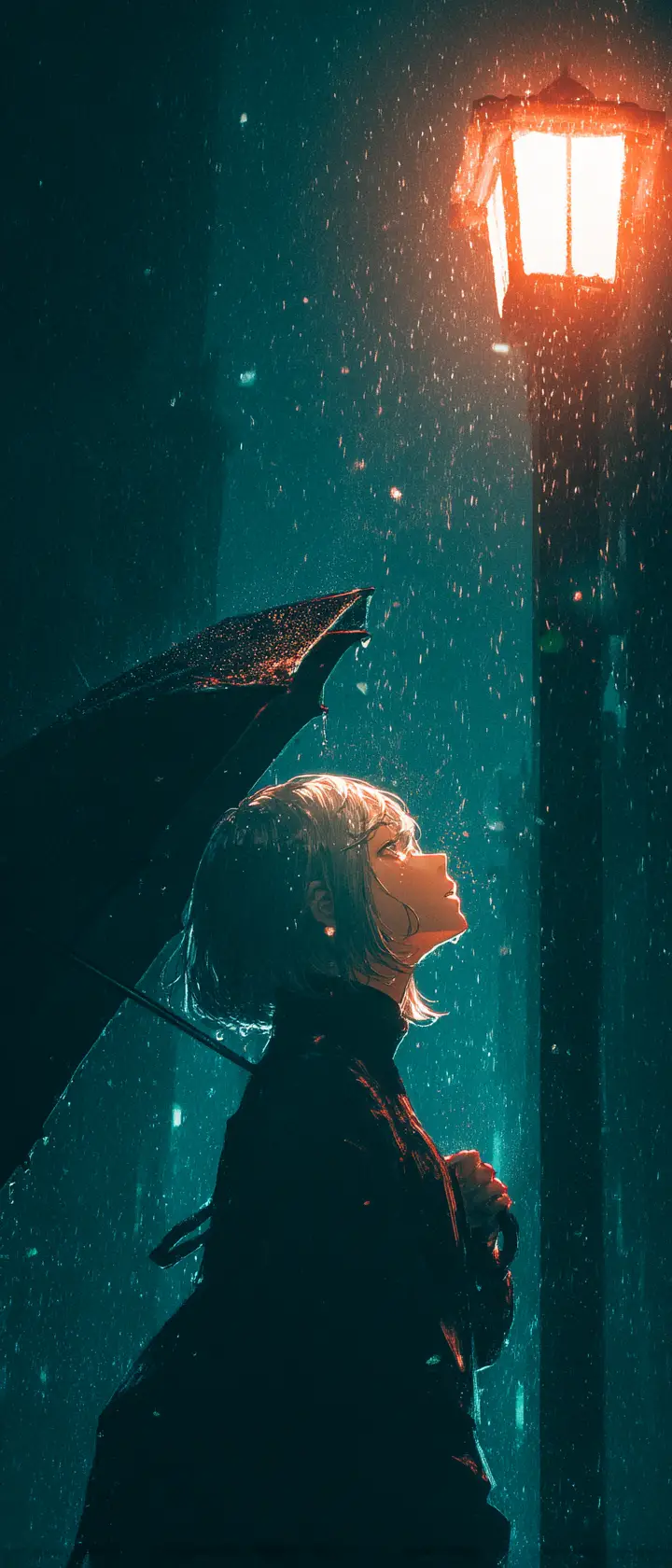 雨中路燈下逐漸淡去自我的動漫女子