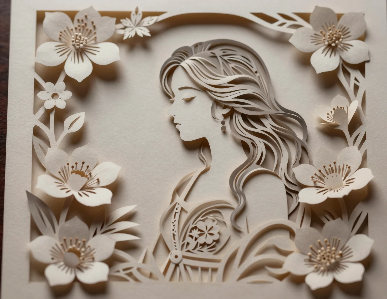 Caixa de sombra em camadas de papercut com mulher e flores