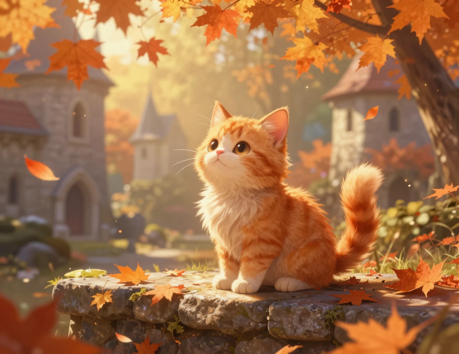 Niedliches Anime-Kätzchen auf einem steinernen Sims im Herbstlicht
