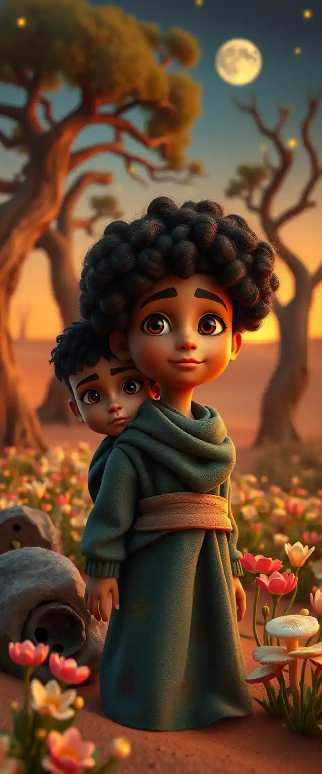 Due bambini piccoli attraversano un immenso deserto verso un’oasi