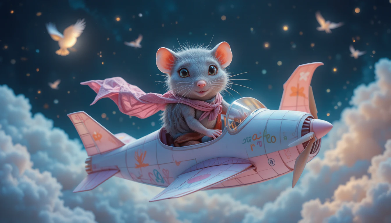 Mapache juguetón volando en un avión de papel por un cielo en tonos pastel
