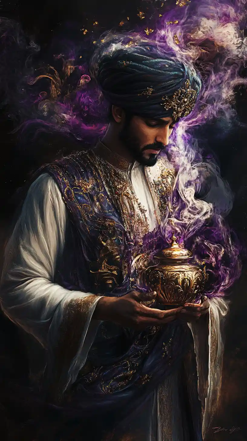 Hombre elegante con antigua lámpara y humo encantado en espiral