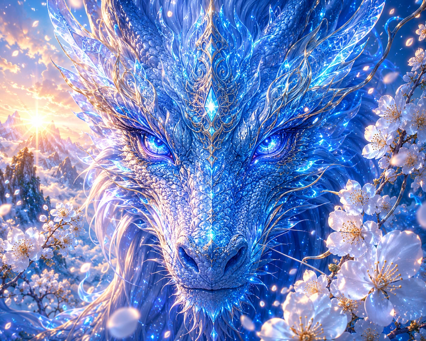 Close-up de um rosto de dragão azul celeste com detalhes luminosos