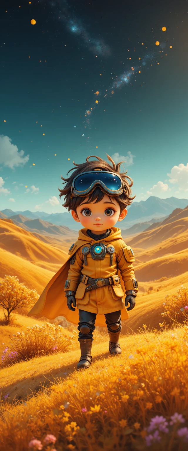 Playful 3D girl hero in bright fantasy hills illustration
