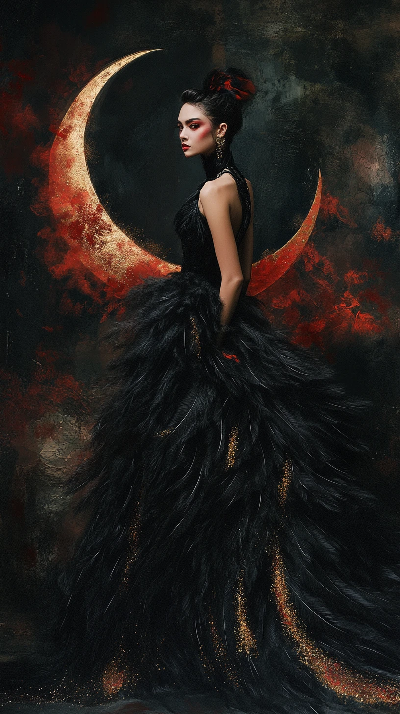 Gothic-Model in schwarzem gefiedertem Halbmondkleid