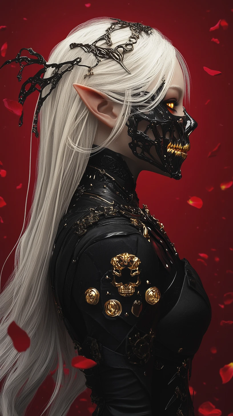 Elf woman in gilded skull mask with red roses