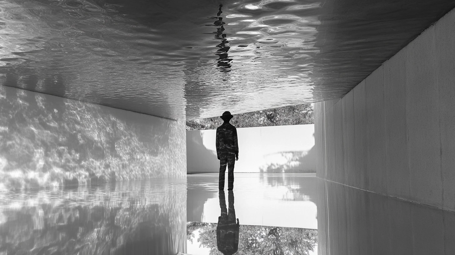 Figura surreal minimalista espelhada em um plano calmo e reflexivo