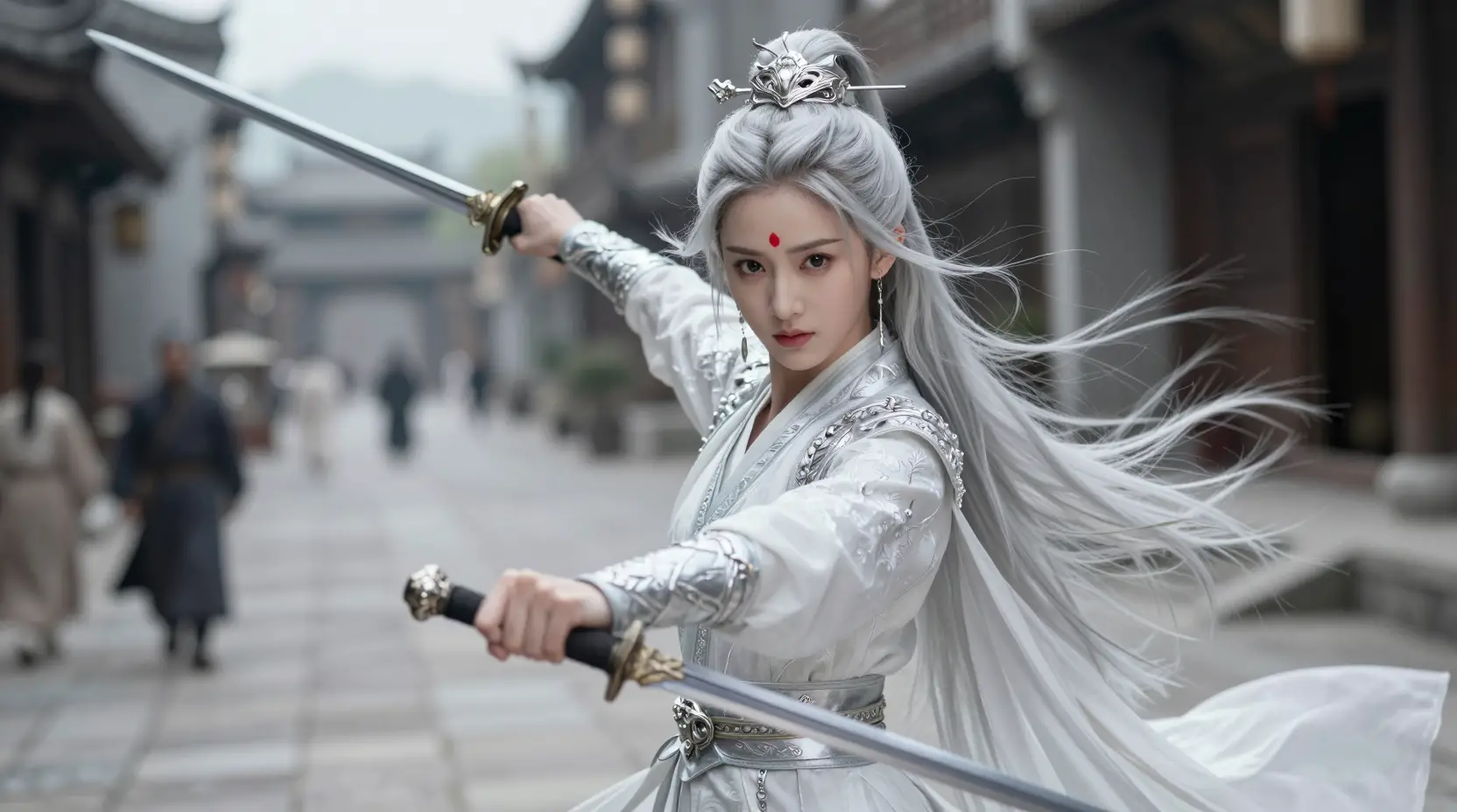 銀髮中國女戰士走在古老石板街上