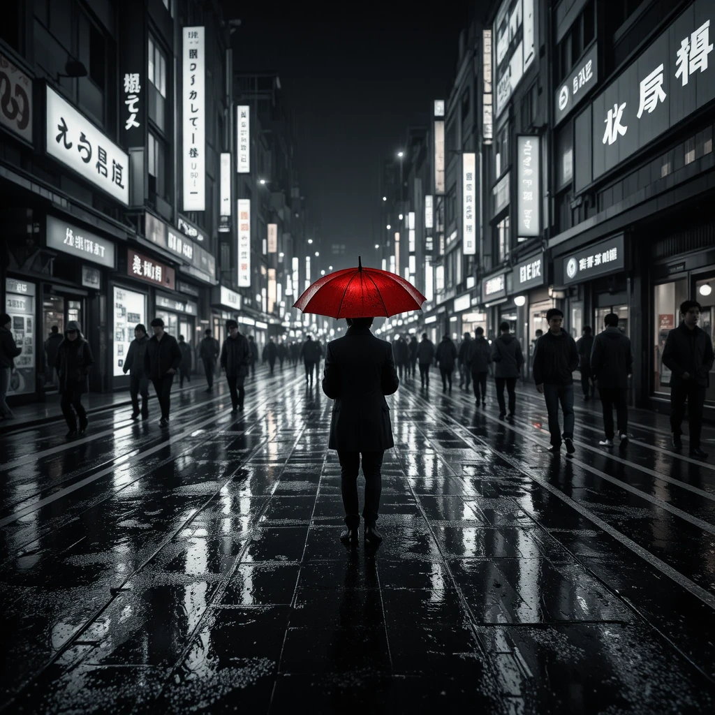 Ombrello rosso in una strada piovosa di Tokyo in bianco e nero