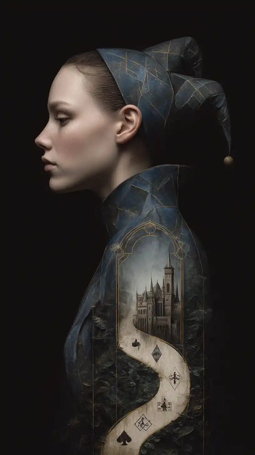 Surreal harlequin profile with winding path to gothic tower