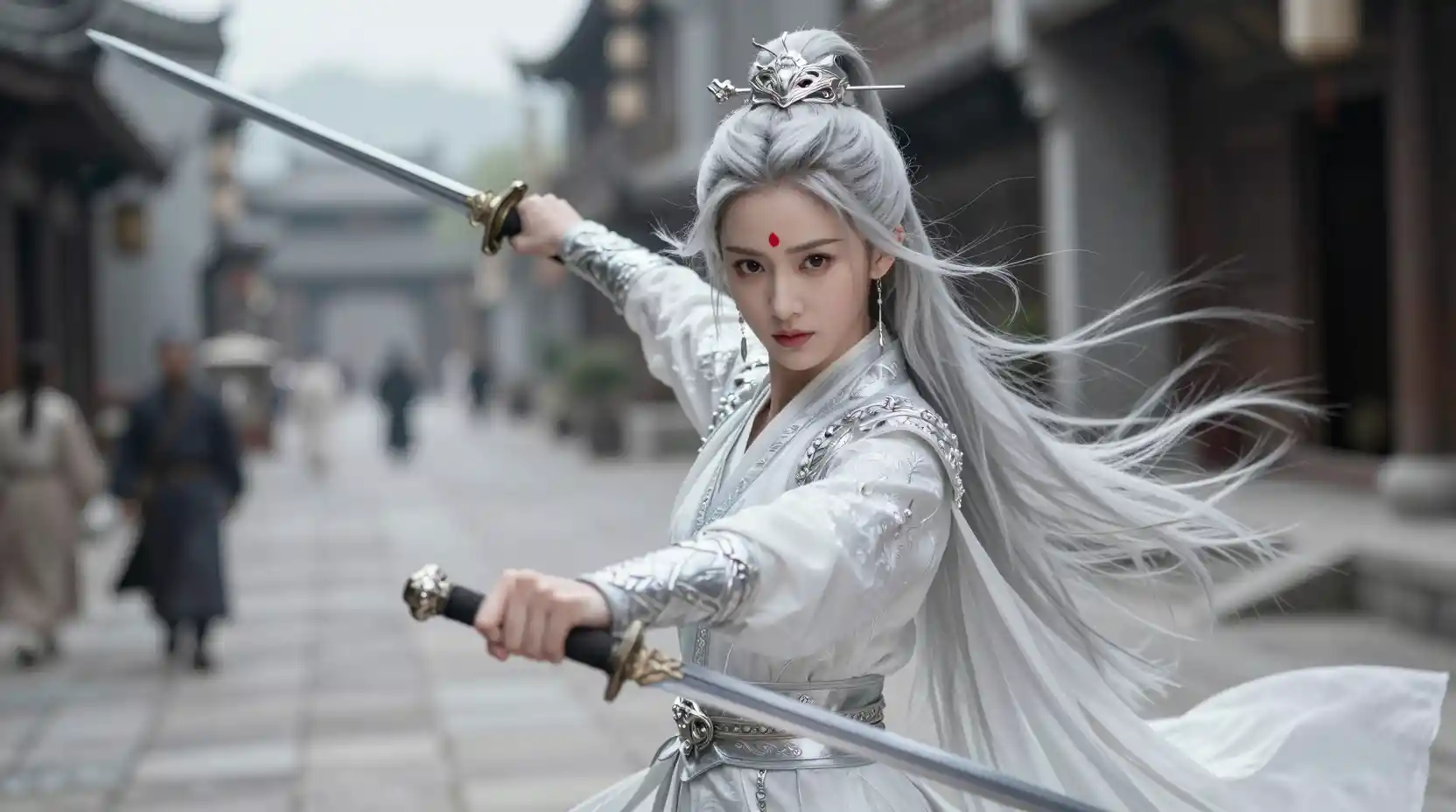 銀髮中國女戰士走在古老石板街上