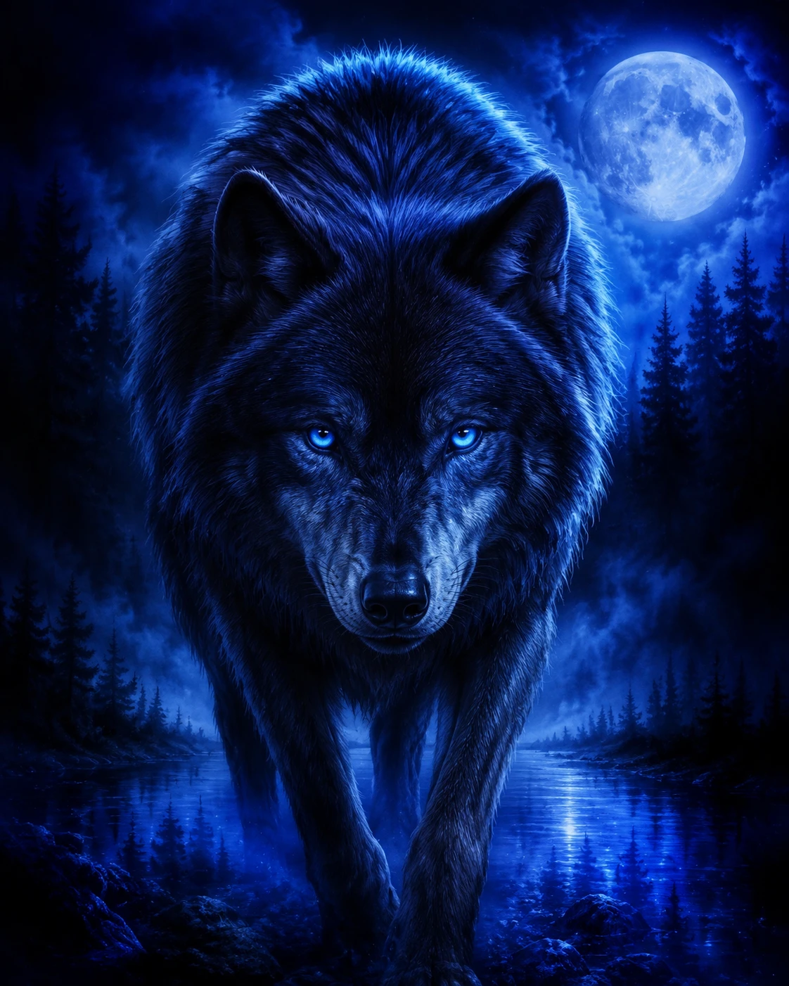 Pintura mística em aerógrafo de um lobo em uma floresta à meia-noite