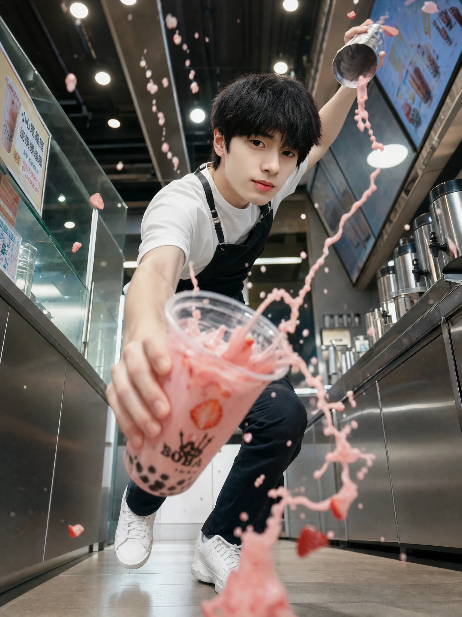 Dynamic low angle portrait at a modern bubble tea counter