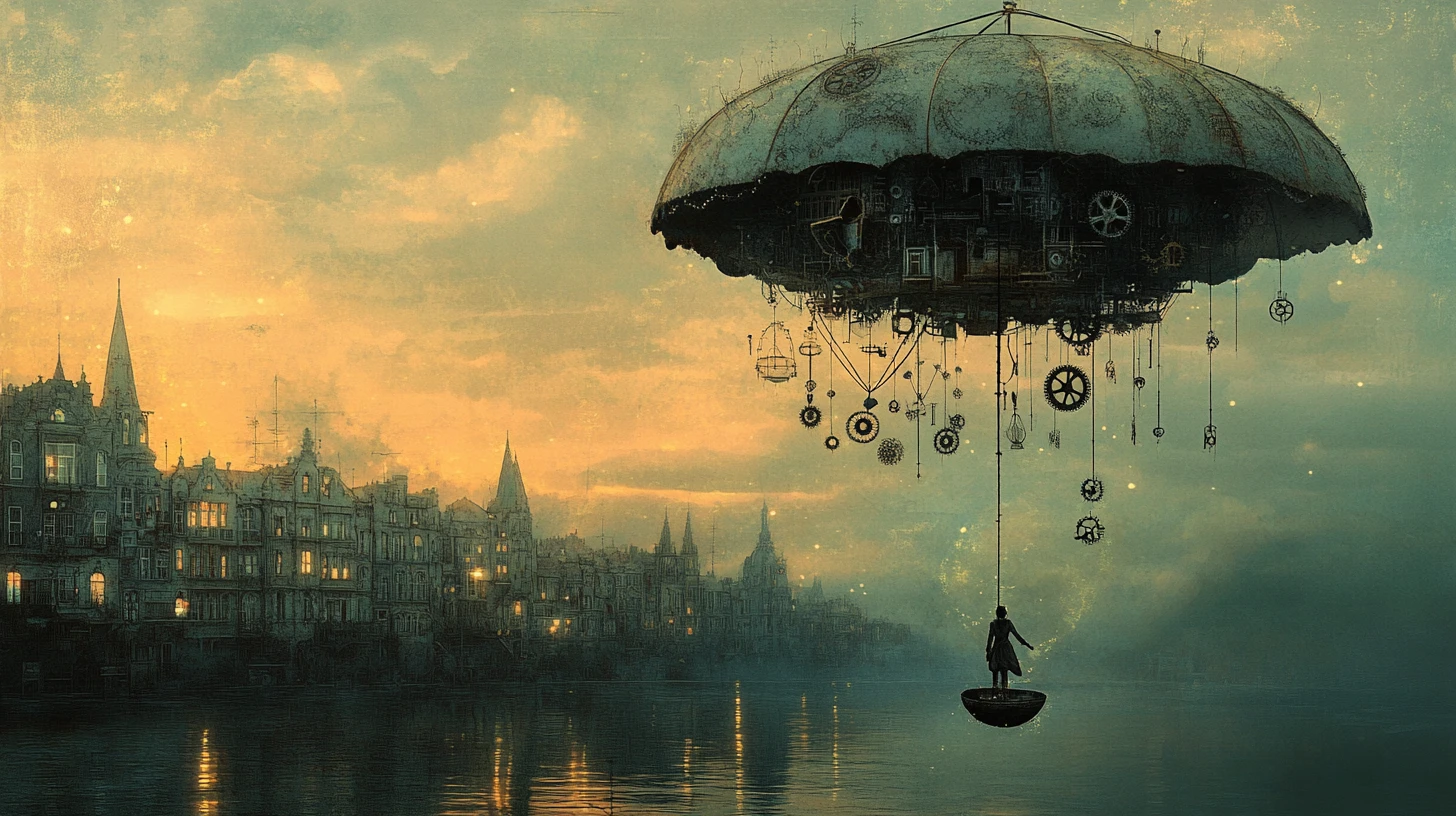 Floating umbrella above a whimsical pastel steampunk town