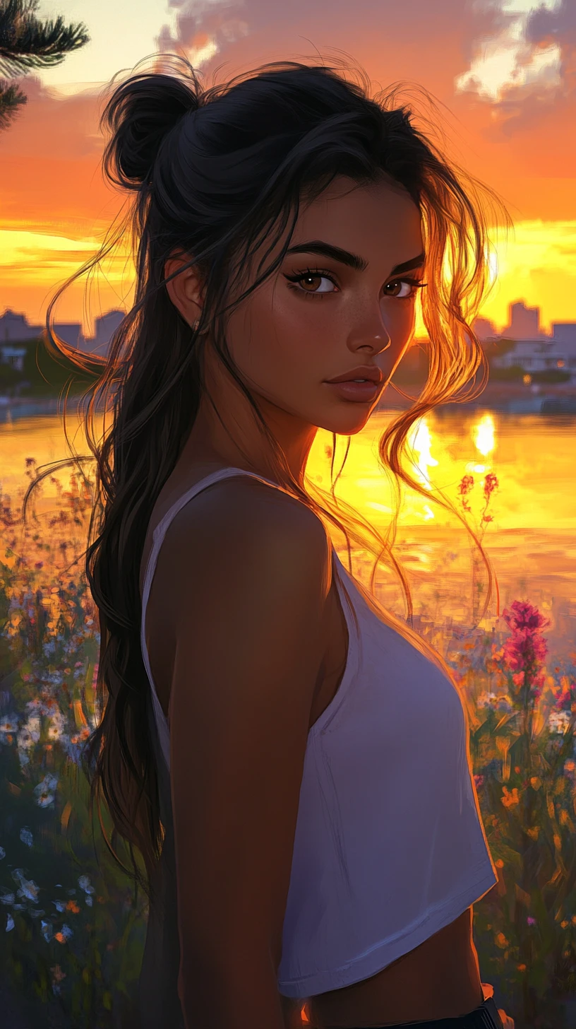 Cowgirl da rodeo pensierosa accanto a un lago calmo al tramonto