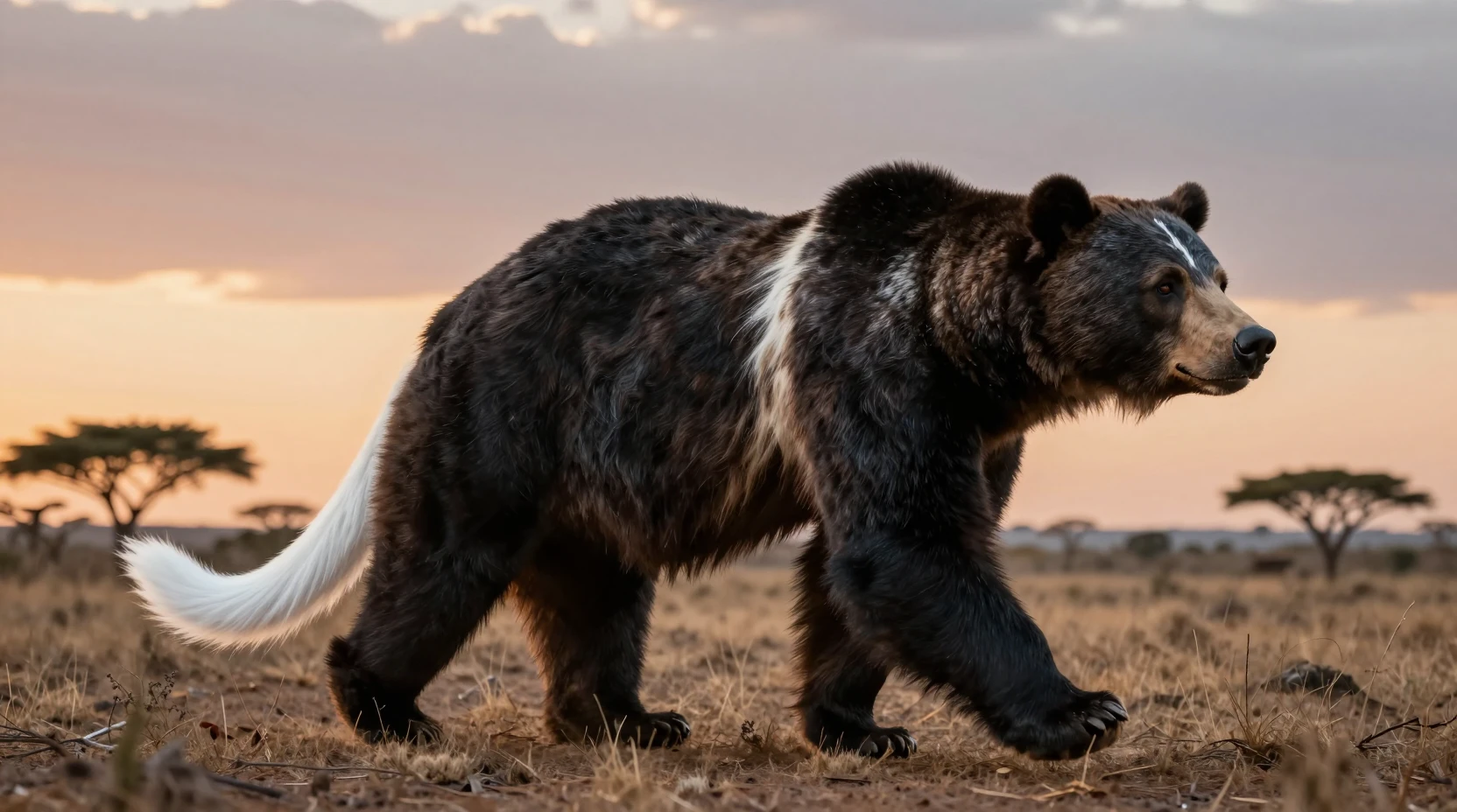 Cinematic prehistoric predator crossing a sunset savanna