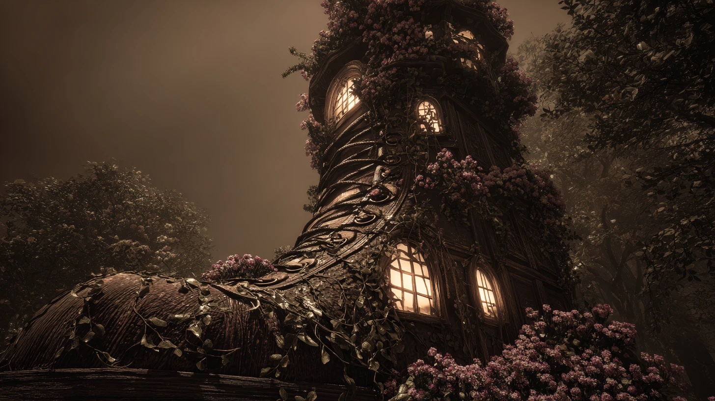 Torre surreal em forma de sapato envolta em vinhas e flores