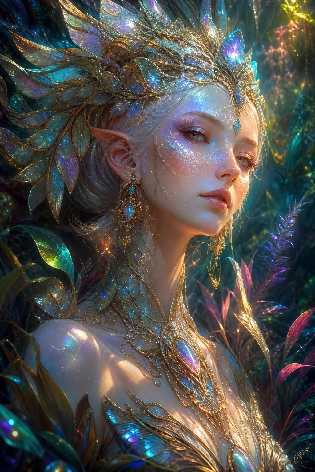 Iridescent mythical being in a lush fantasy rainforest