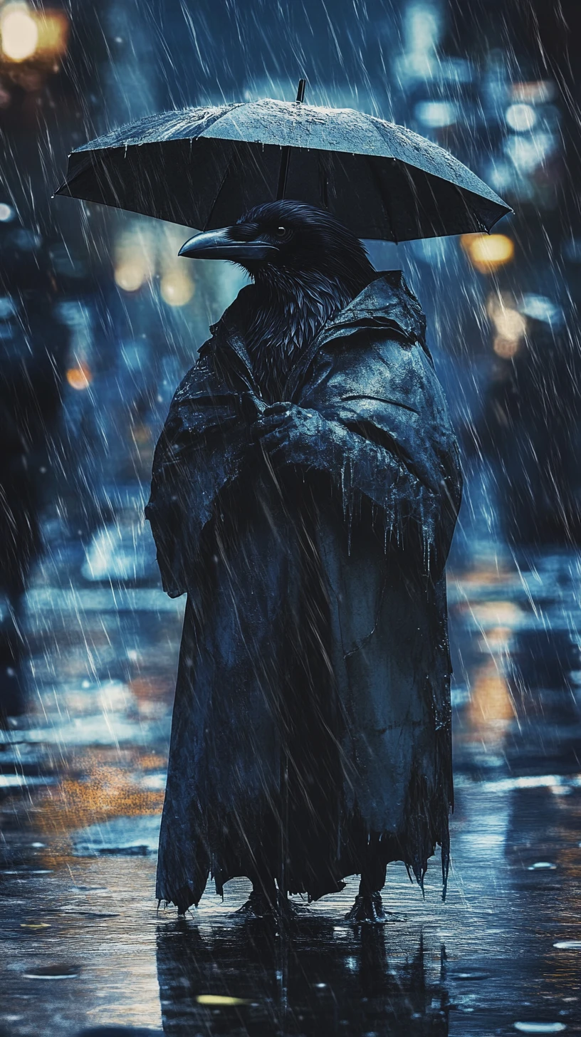 Corbeau en imperméable en lambeaux dans une rue inondée de nuit