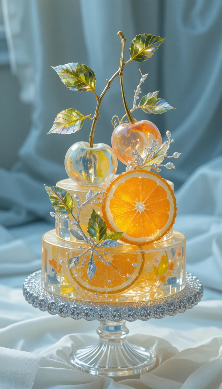 Sobremesa de Cristal Brilhante com Frutas Transparentes e Detalhes Prateados