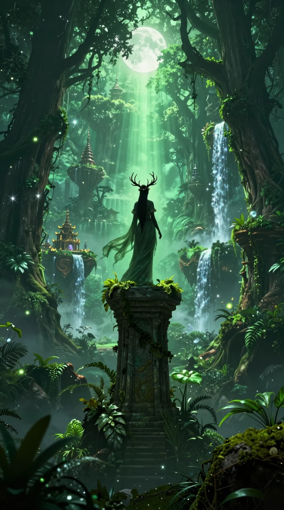 Deusa mística da floresta observando uma infinita selva esmeralda