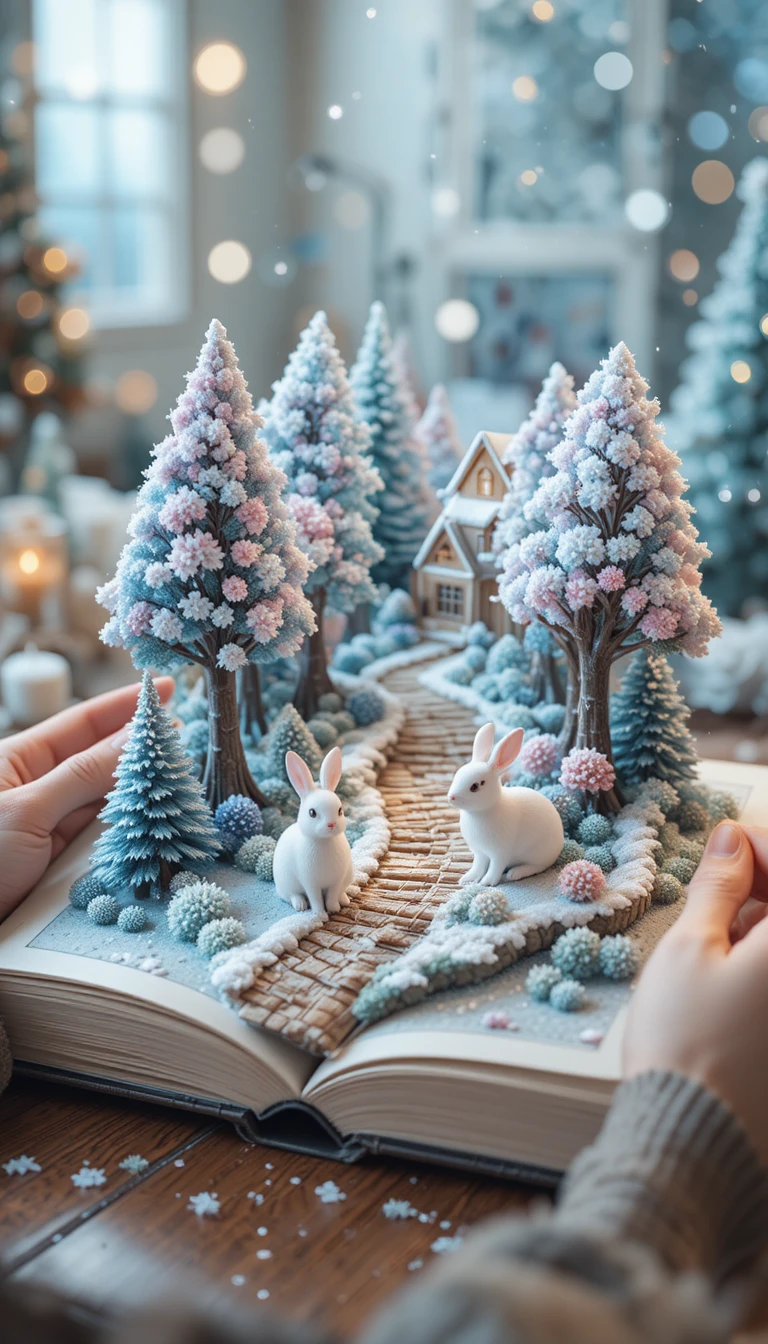 Livro aberto revelando um minúsculo mundo de conto de fadas de inverno com coelhos