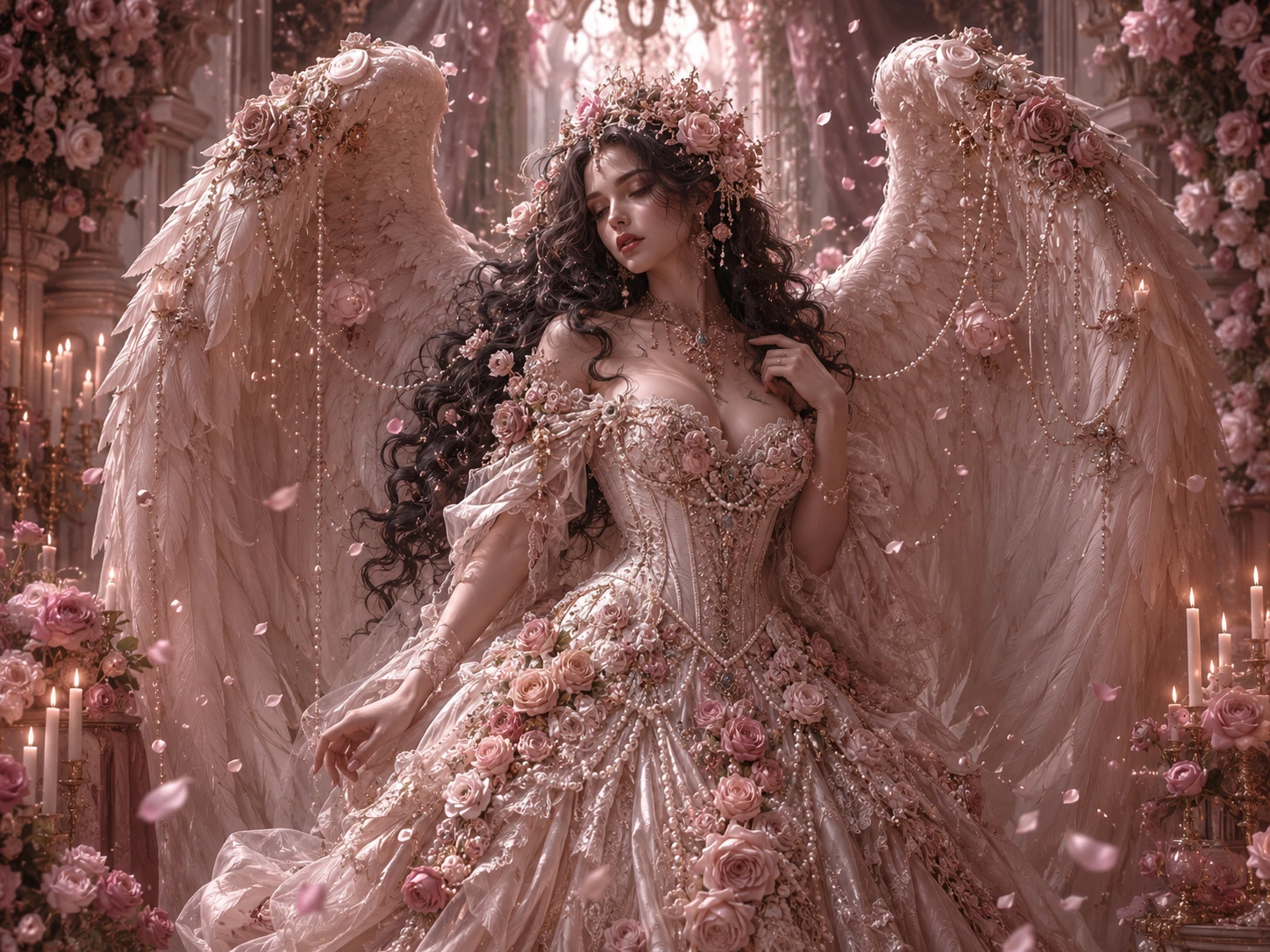 Mulher anjo vitoriana com asas de rosas em santuário à luz de velas