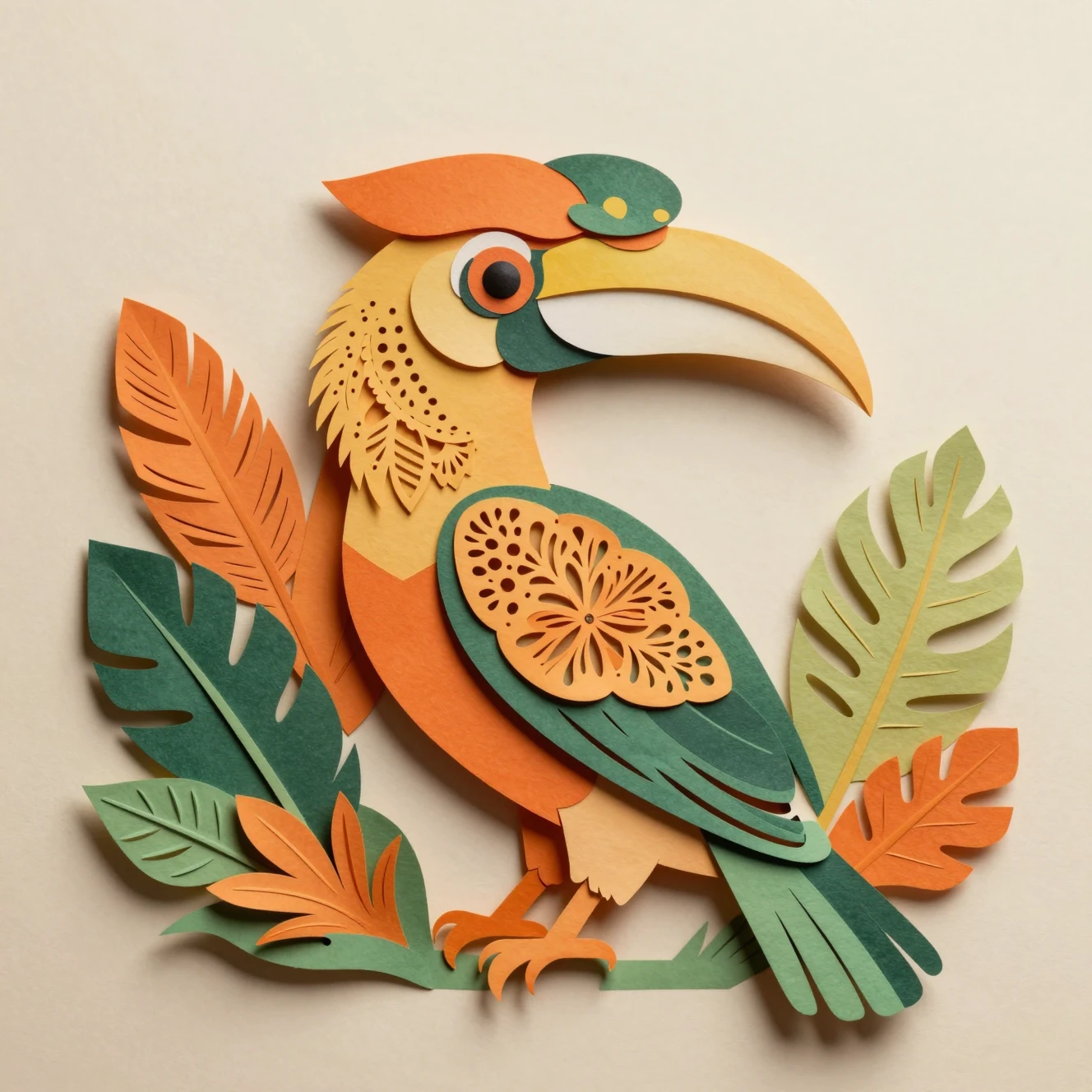 Calau em papercraft em camadas com detalhes florais intrincados