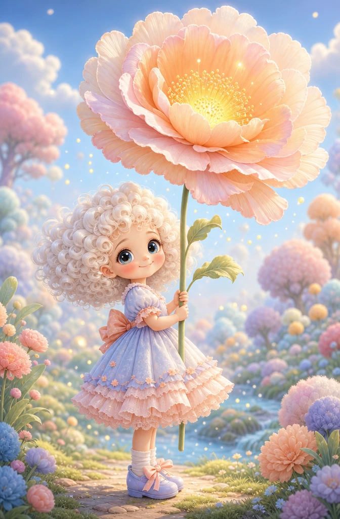 Fille dessin animé pastel avec une fleur géante lumineuse