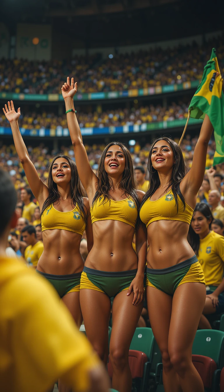 Brazilian fans cheering in a vibrant world cup stadium crowd
