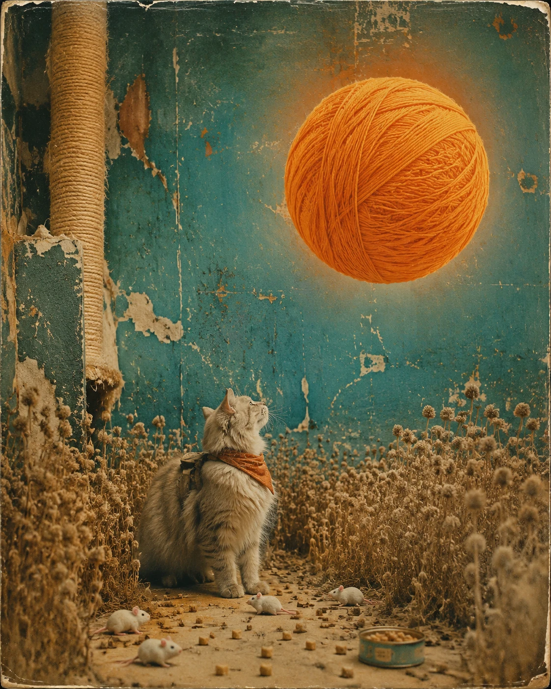 Flauschige Katze unter einer leuchtenden Garnsonne in surrealer Collage
