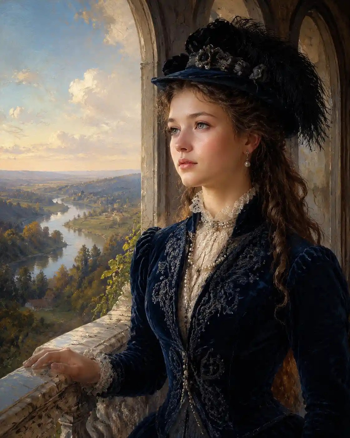 Victorian woman in navy dress on marble balcony