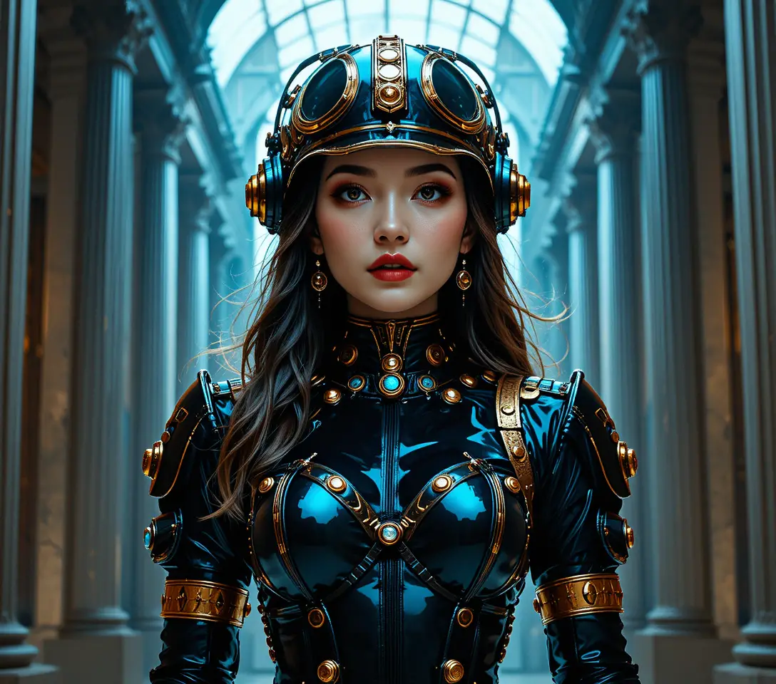 Jovem mulher em armadura steampunk de formiga ajoelhada em salão iluminado