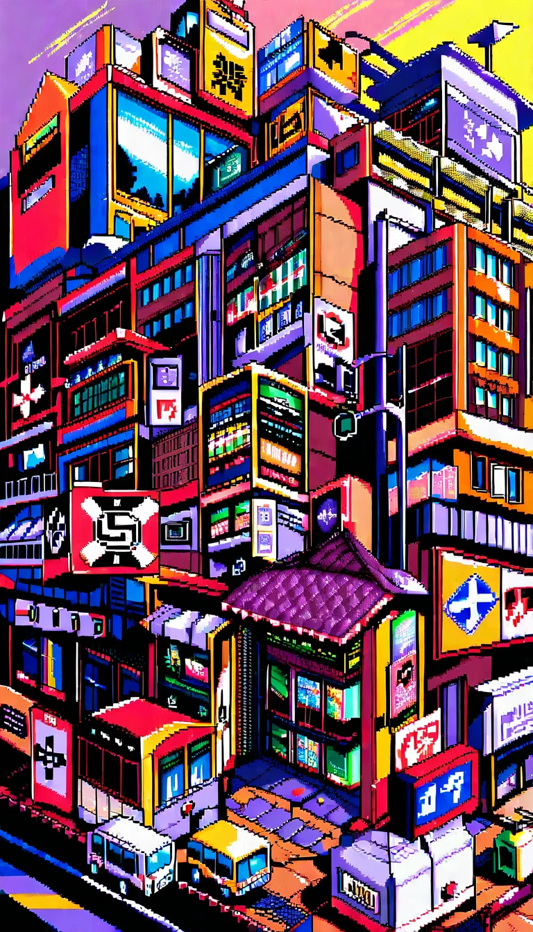 Garota de anime em pixel art com tranças lilases na rua da cidade