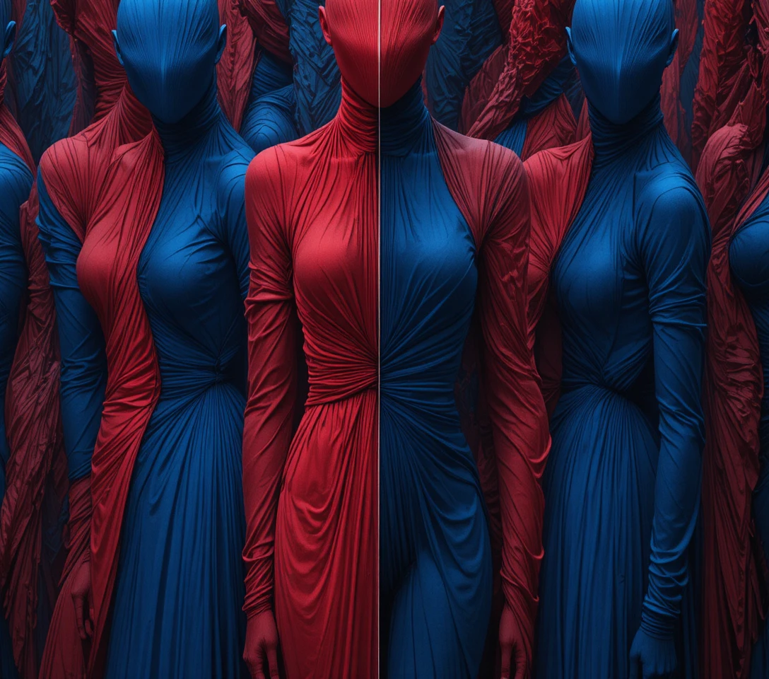 Figurative painting with linear folds and vivid saturated colors