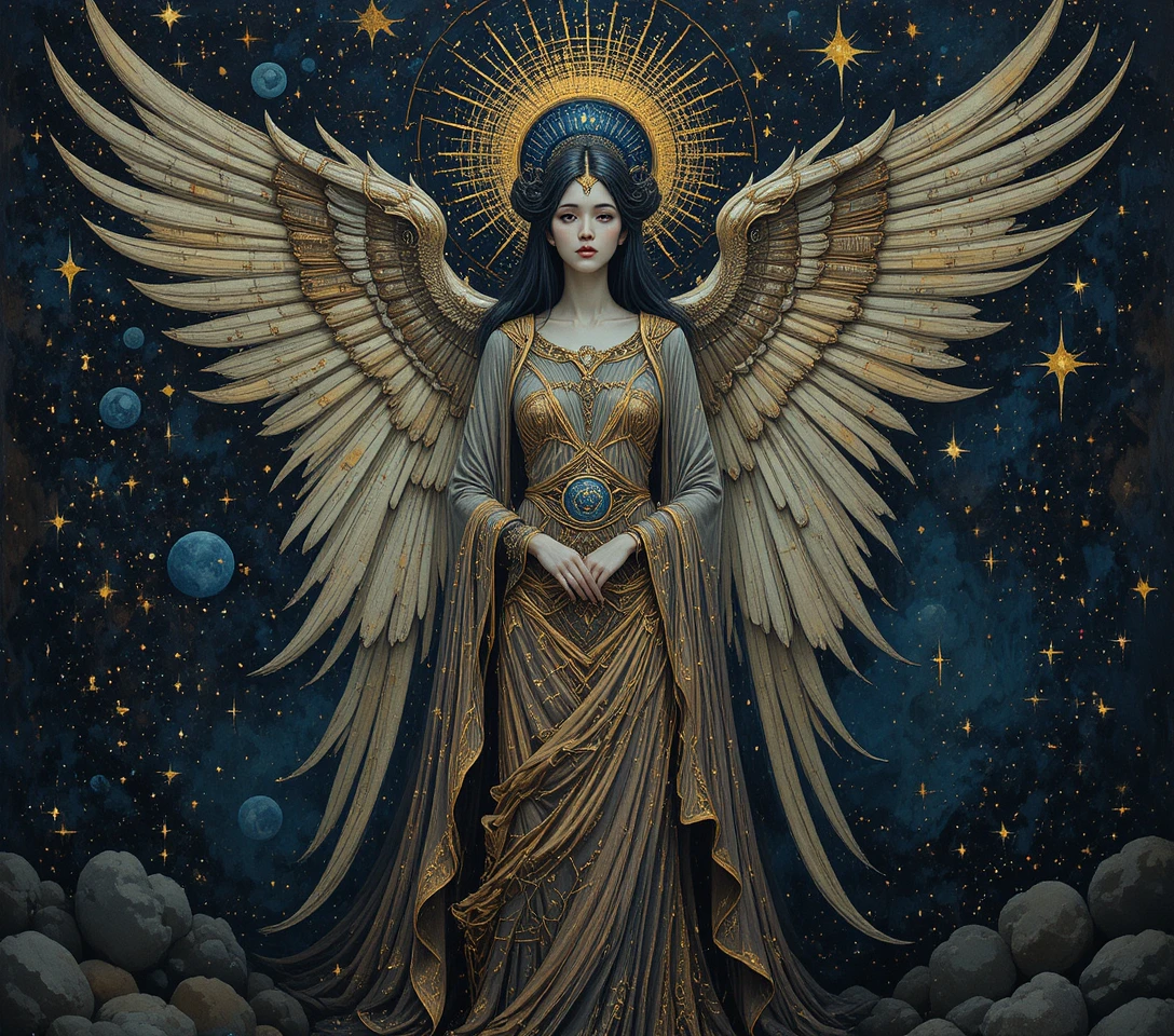 Anjo gótico místico flutuando diante de um céu noturno estrelado