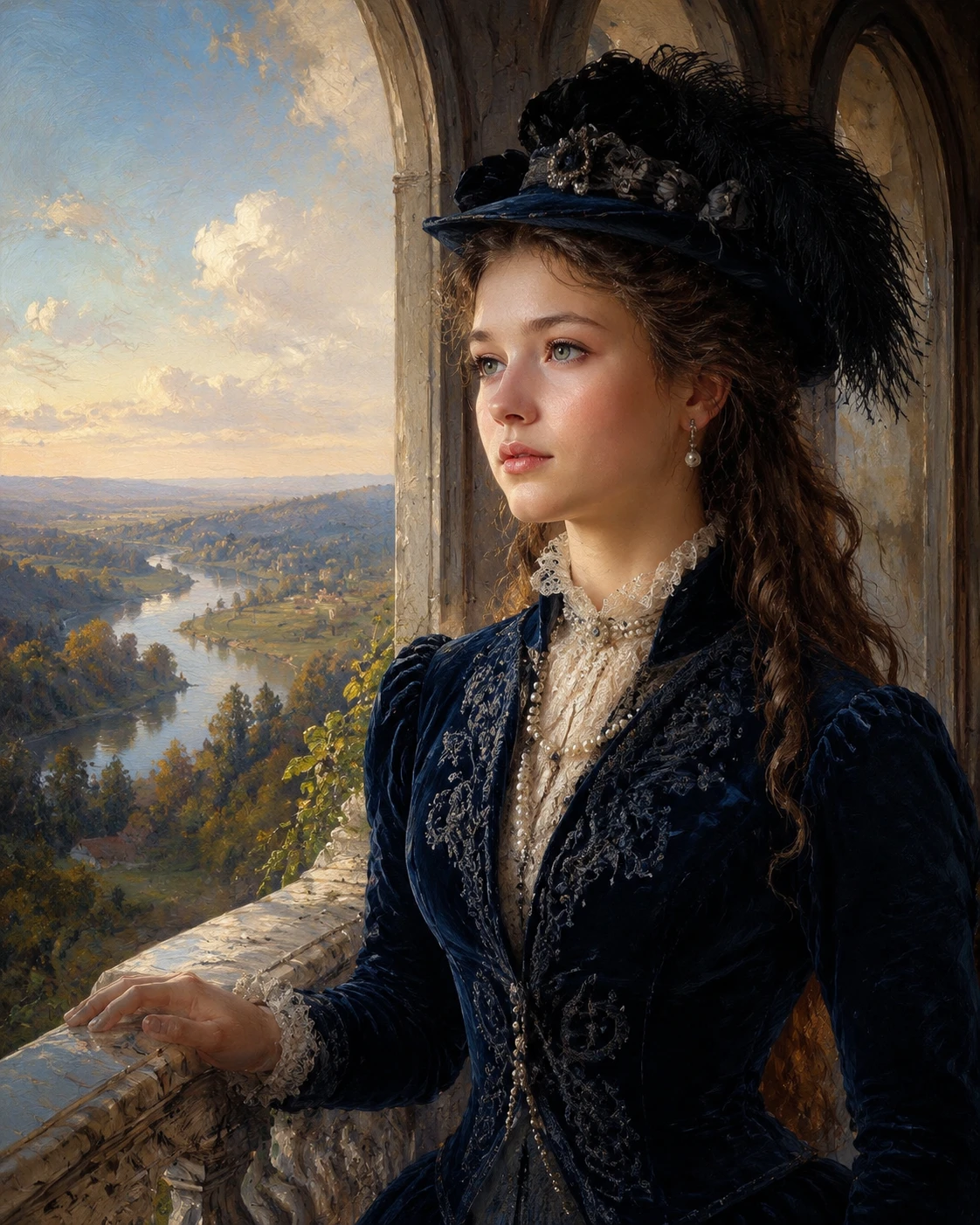 Victorian woman in navy dress on marble balcony