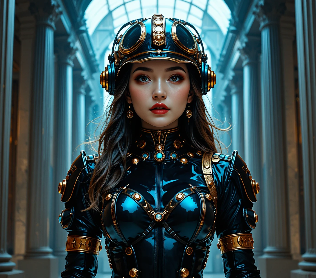 Jovem mulher em armadura steampunk de formiga ajoelhada em salão iluminado
