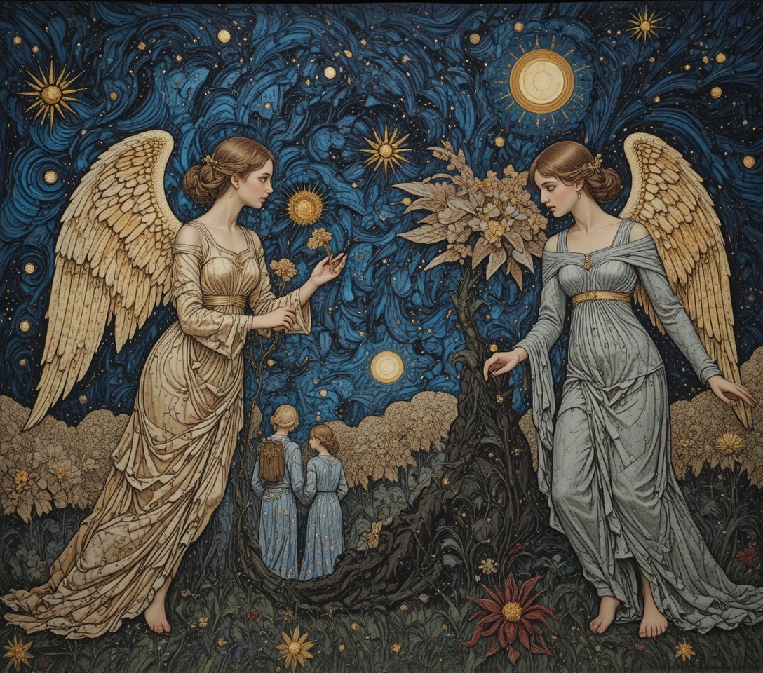 Figuras angelicais em túnicas góticas esvoaçantes sob um céu estrelado