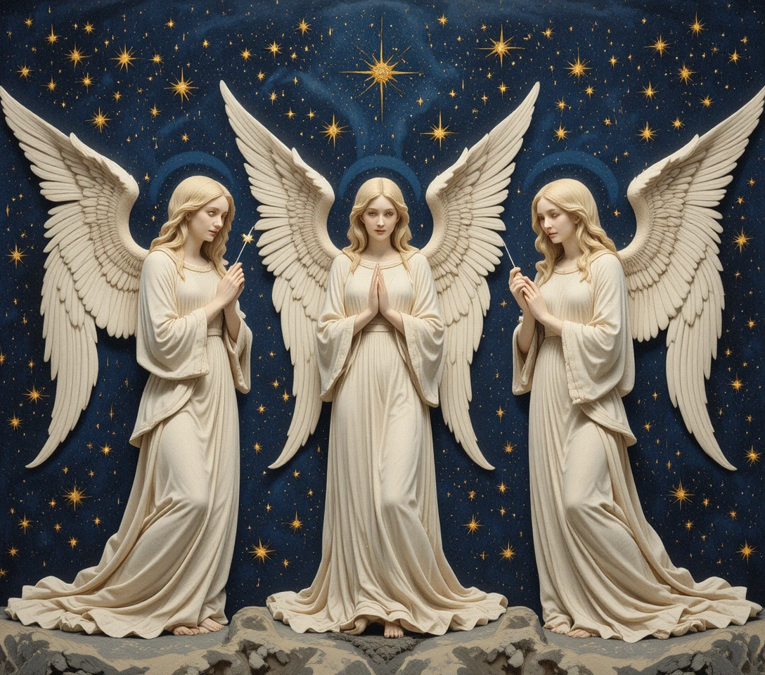 Anjos em Túnicas Esvoaçantes sob um Céu Estrelado Gótico