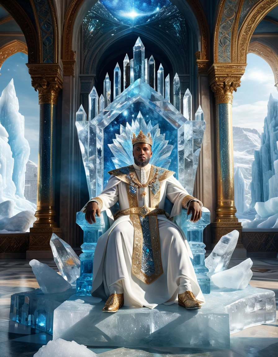 Re fantasy su trono di cristallo in un immenso palazzo di ghiaccio