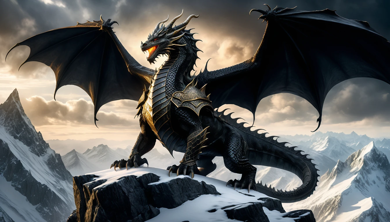Antigo rei dragão no topo de uma montanha nevada