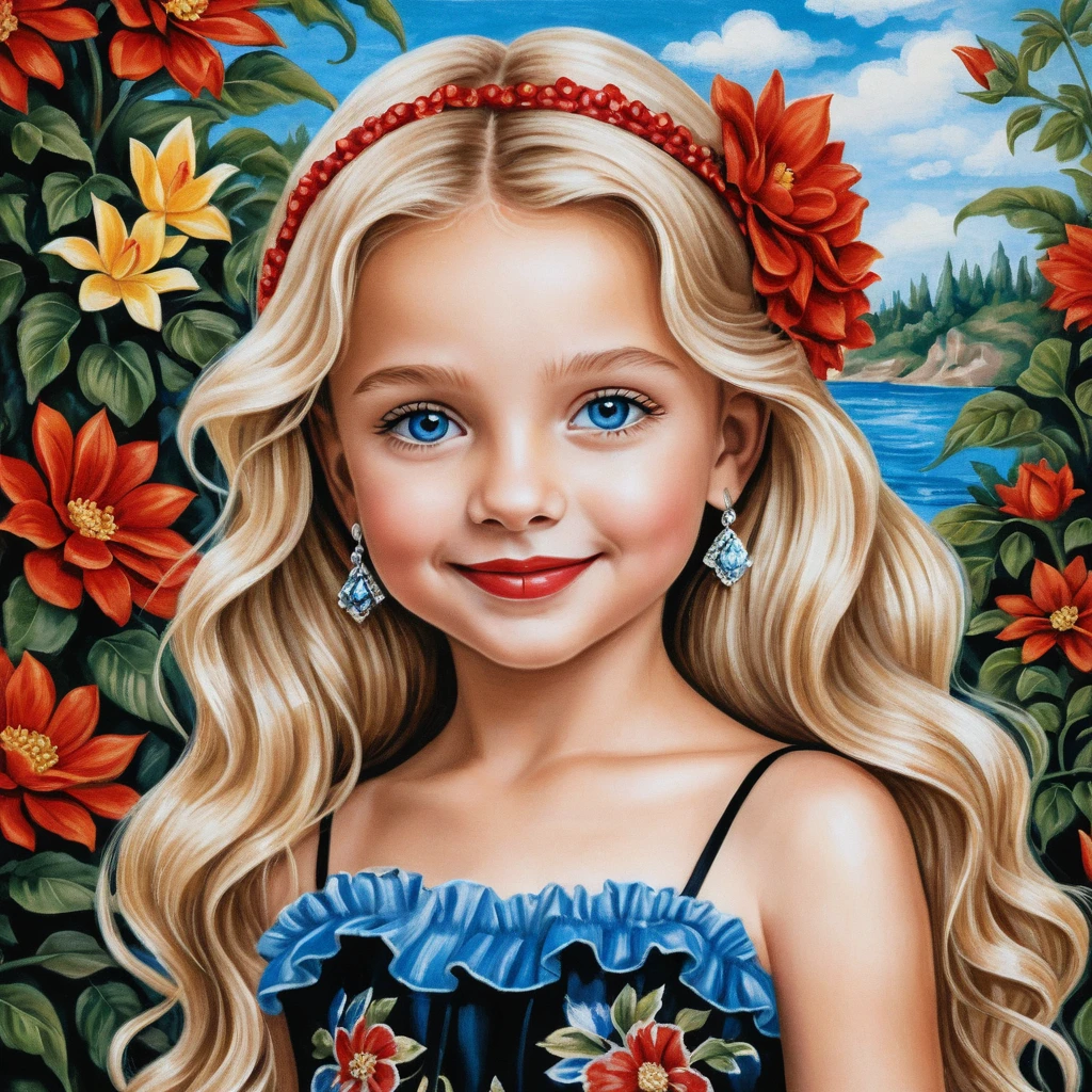 Lächelndes blondes Mädchen im schwarzen Blumenkleid Illustration