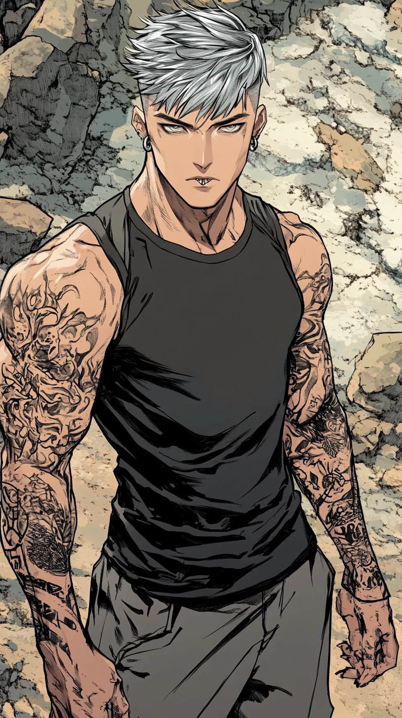 Homem alto e musculoso em estilo manhwa diante de penhascos rochosos