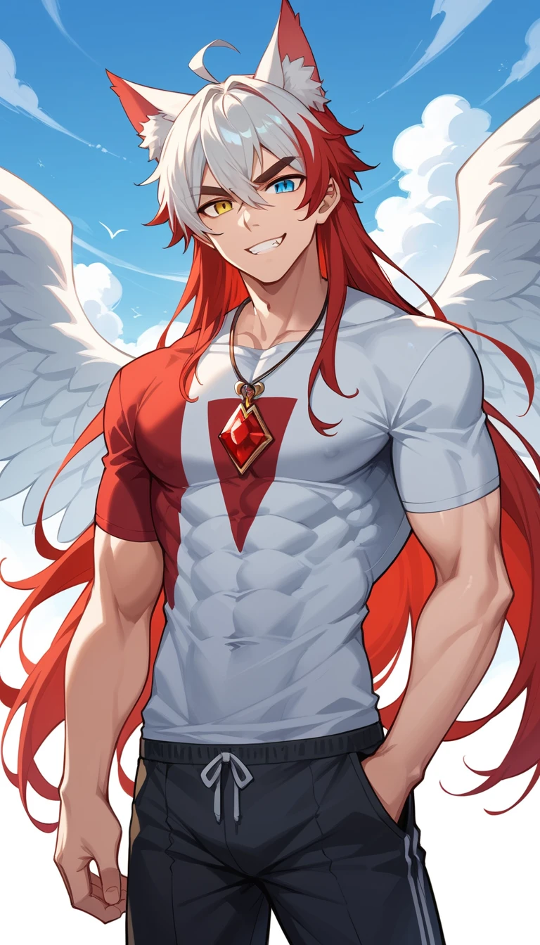 Homem de anime alto e musculoso com cabelo dividido e heterocromia