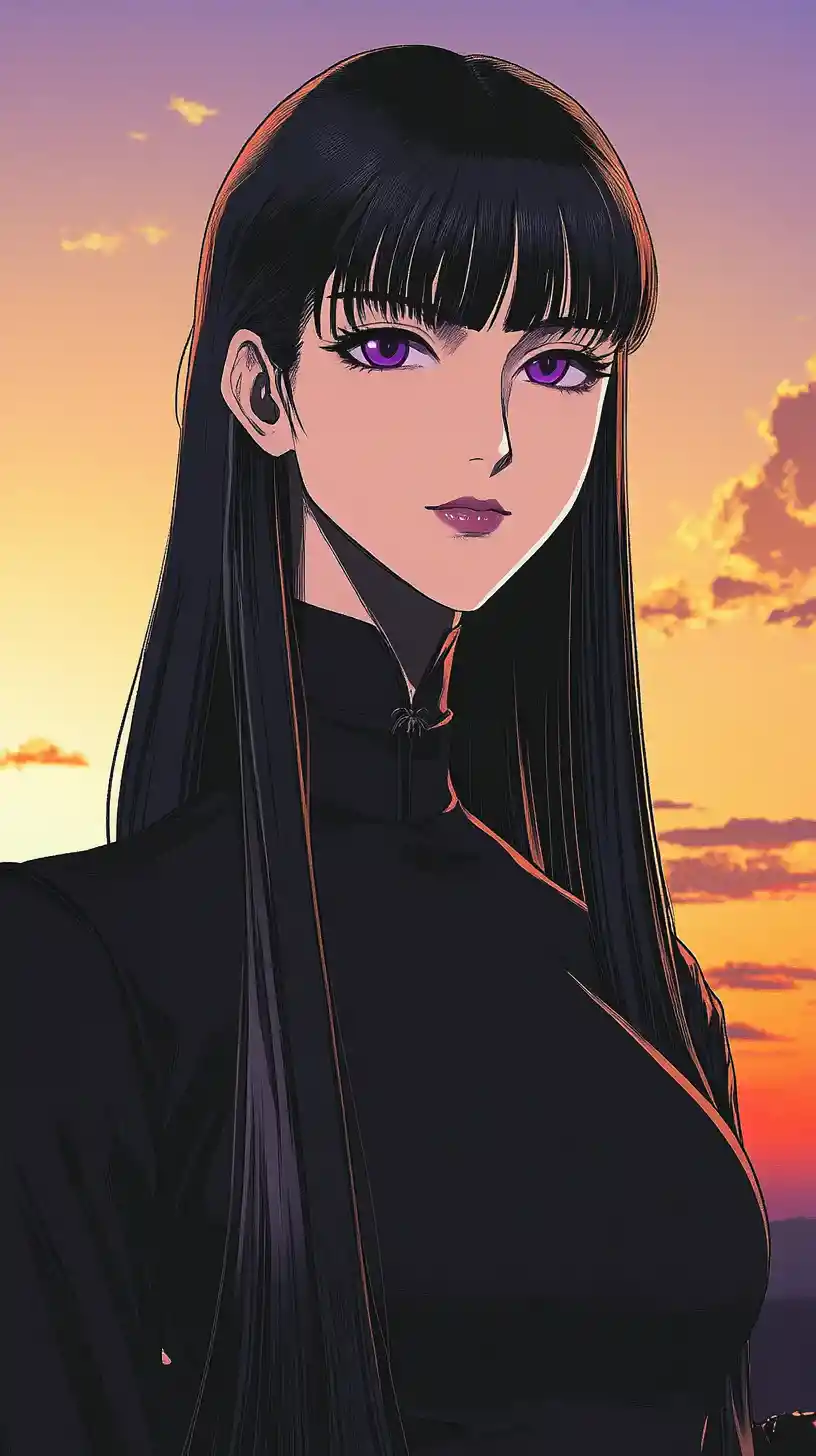 Elegant tall woman at sunset in modern oriental fashion