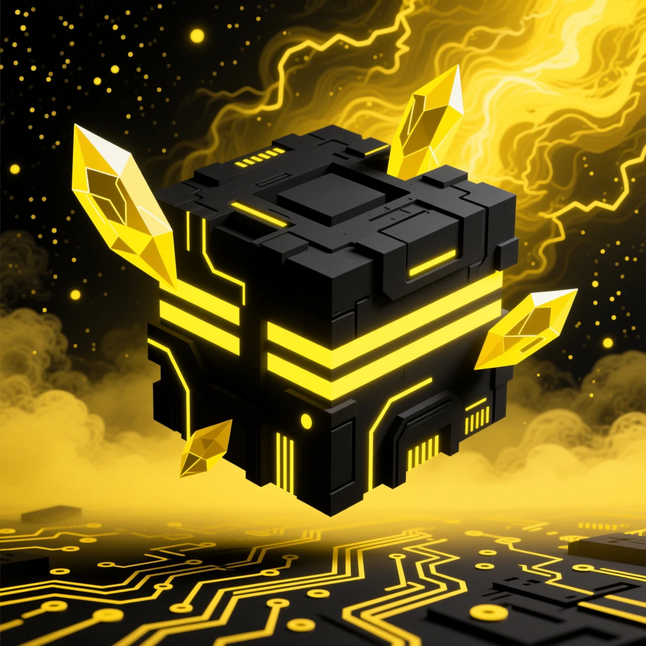 Cubo cibernético gigantesco brilhando com néon amarelo no espaço