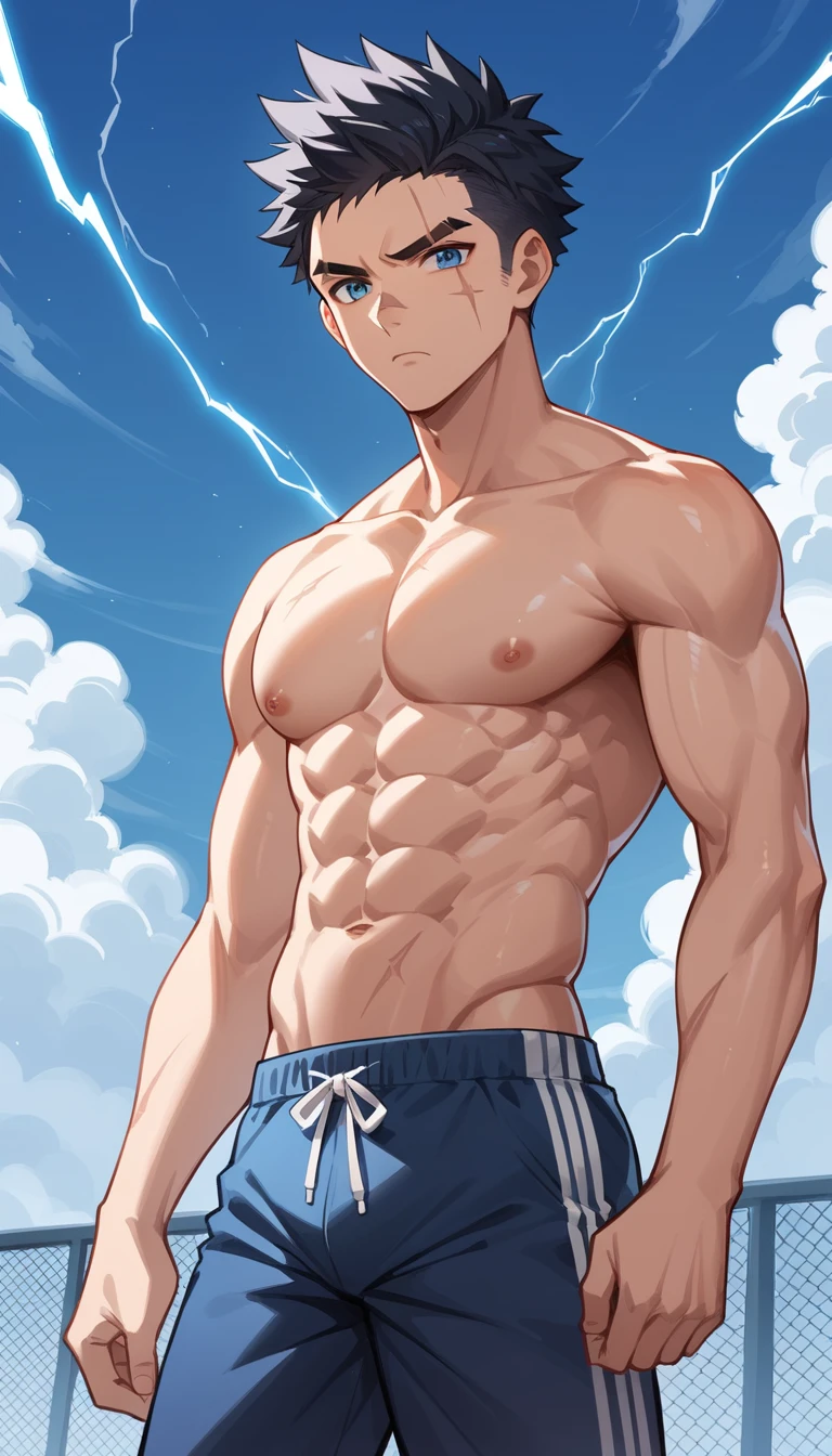 Homem de anime musculoso em pé ao ar livre sob relâmpagos de tempestade